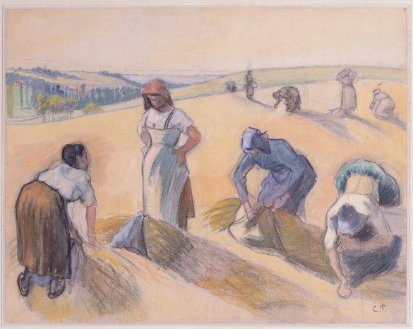 Camille Pissarro (French, 1830 - 1903), Les Glaneuses (The Gleaners), c. 1889, gouache with charcoal, crayon and watercolor, 18 ¼ x 23 in., Purchased with funds from the Morton R. Hirschberg Bequest, AP.2004.3.1.