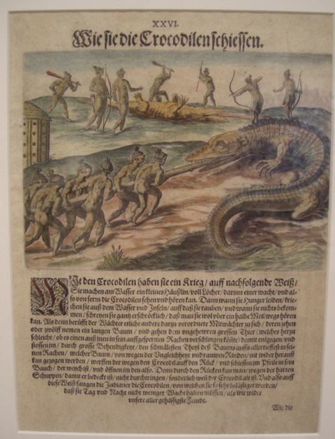 Theodor de Bry (Flemish 1528 – 1598), after Jacques Le Moyne de Morgues (c. 1533 – c. 1588), Hunting Alligators, 1591, Engraving, Museum purchase in honor of Congressman Charles E. Bennett, AP.2002.1.3.