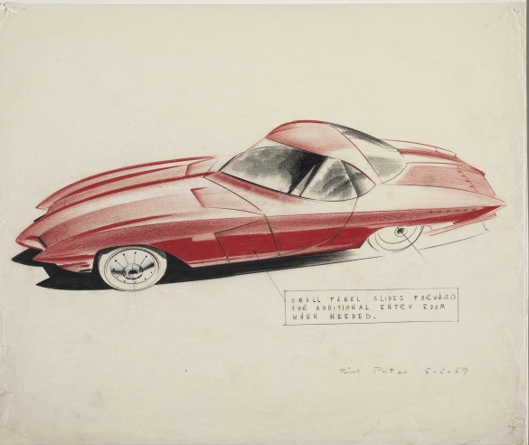 William ("Bill") Porter (born in 1931). Design Proposal: Red GM Sports Car, 1959, Graphite pencil and colored pencil on paper, Height x width: 35.6 x 42.5 cm (14 x 16 3/4 in.), Jean S. and Frederic A. Sharf Collection. 