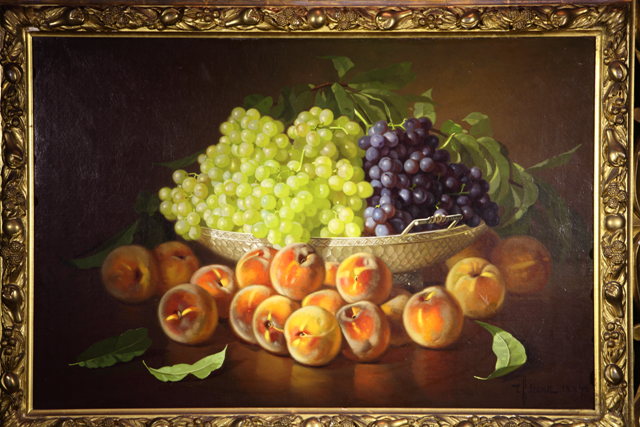 Edward Chalmers Leavitt (American, 1842 – 1904), Still Life: Peaches and Grapes , 1884, oil on canvas, 33 x 43 ¼ in., Purchased with funds from Membership Contributions, AP. 1975.3.1