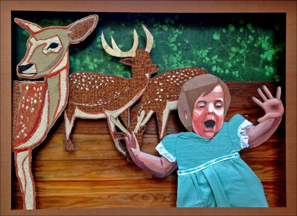 Crystal Floyd, F***! A Deer!, 2013, from the film still F***! A Deer!, Wood, fabric, acrylic, vinyl, paper, thread/embroidery (machine and hand stitched) framed in cypress. 