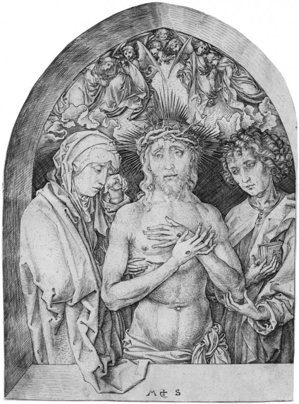 Martin Schongauer (1445-1491), Man of Sorrows between Mary and John, c. 1470–1475, Engraving on paper shaped to the arched top, Gift of George W. Davison (B.A. Wesleyan 1892), 1952, DAC1952.D1.8, The Davison Art Center, Wesleyan University, Middletown, Connecticut