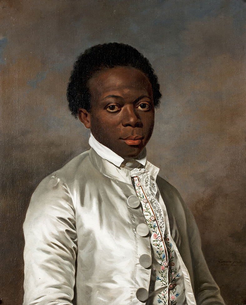 Portrait of 18th Century black youth in an embroidered vest and silk shirt